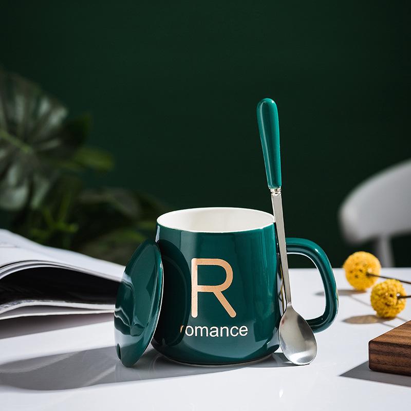 Ceramic Cup Household Printing Creative Personality Trend With Lid Spoon Office Couple Water Cup