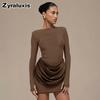 Women's Autumn Winter New Style Solid Elegant Casual Slim Fit Crew Neck Long Sleeve Ruffled Mini Dress