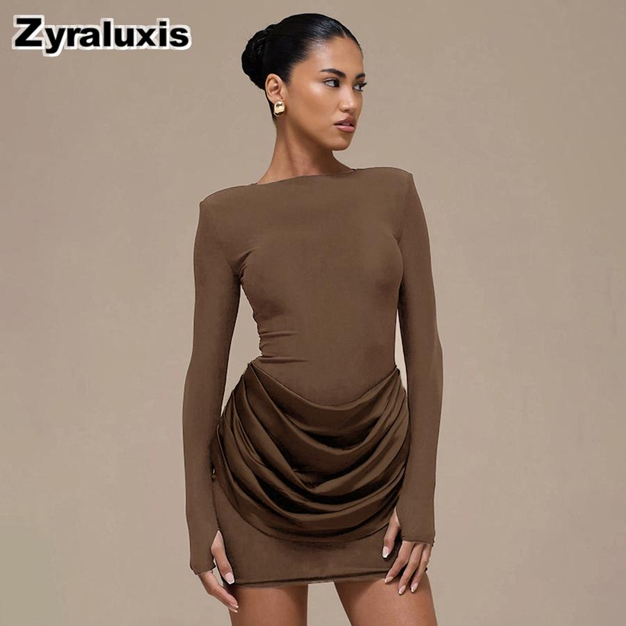 Women's Autumn Winter New Style Solid Elegant Casual Slim Fit Crew Neck Long Sleeve Ruffled Mini Dress