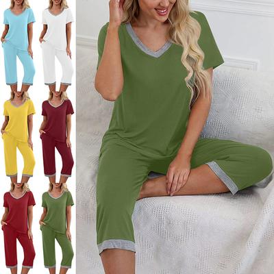 Women Summer Pajama Set Short Sleeve V Neck T-shirt And Capri Pants Sleepwear Homewear Contrast Color Lounge Suits