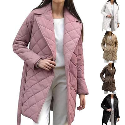 Women's  And Winter Mid-Length Breasted Belt Fashion Waist Down Diamond Lattice Lapel Down Jacket