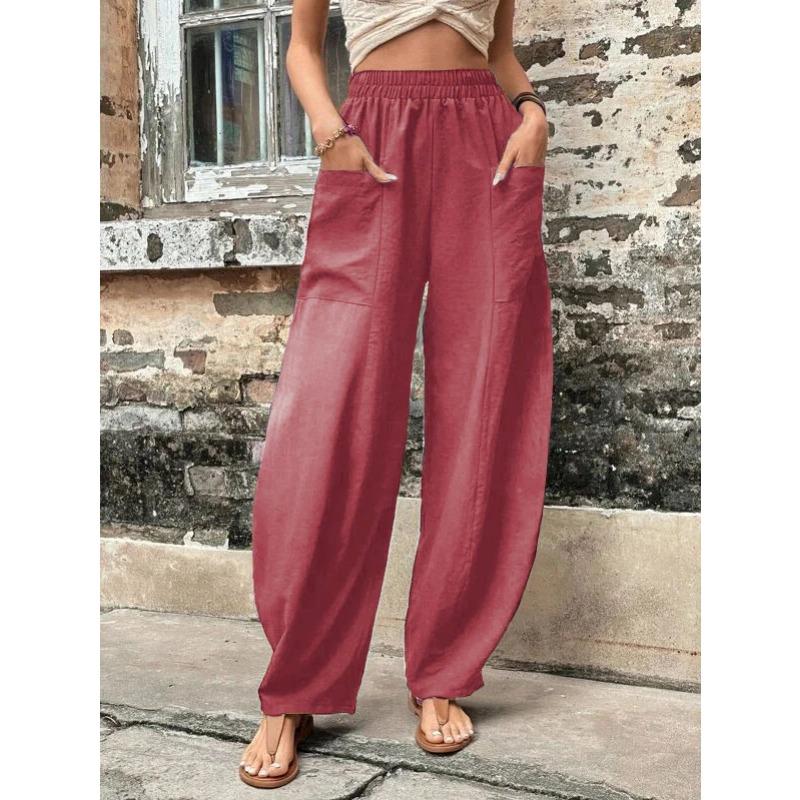 Popular Women's Solid Color Pocket Casual Elastic Pants