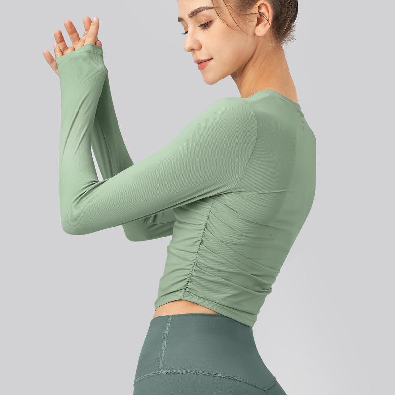 Dámsky top na jogu s dlhým rukávom slim fit – Rýchloschnúci, priedušný, plisované fitness tričko na jeseň