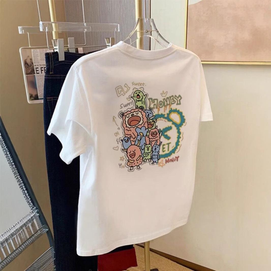 

European Cartoon Print Cotton T-Shirt - White, Short Sleeve, Loose Fit, Round Neck, Summer 2025 Women s Fashion S