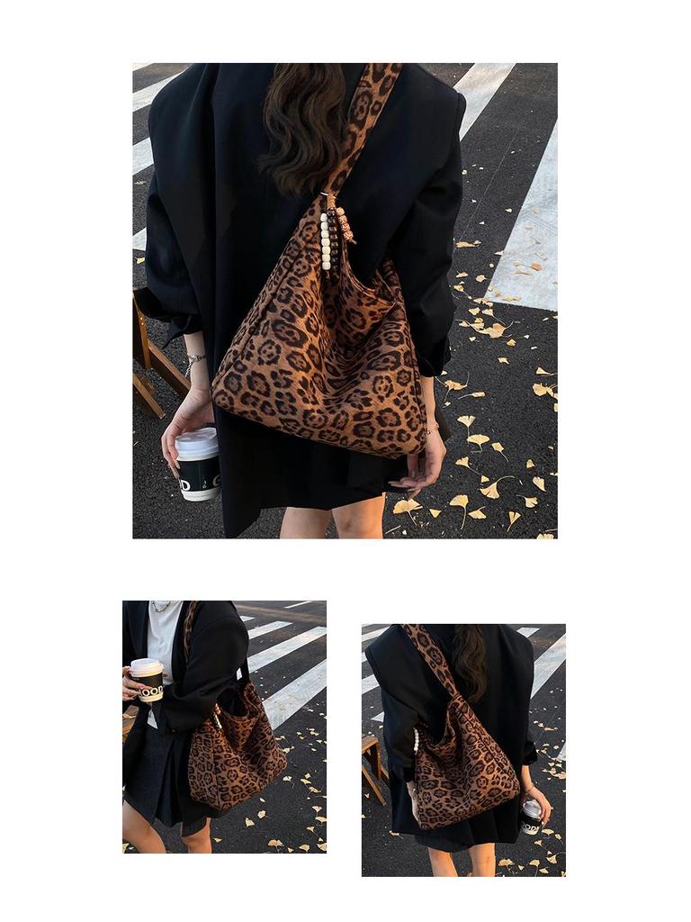 Leopard Print Suede Women's Bag - Autumn/Winter Large Capacity Retro Shoulder Bag, Trendy & Popular for Commuting.