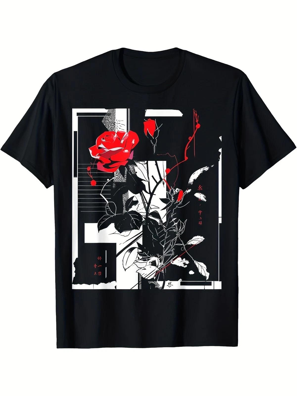 Geometric Rose T Shirt Red Floral Graphic Abstract Casual Streetwear Tee XXXXL