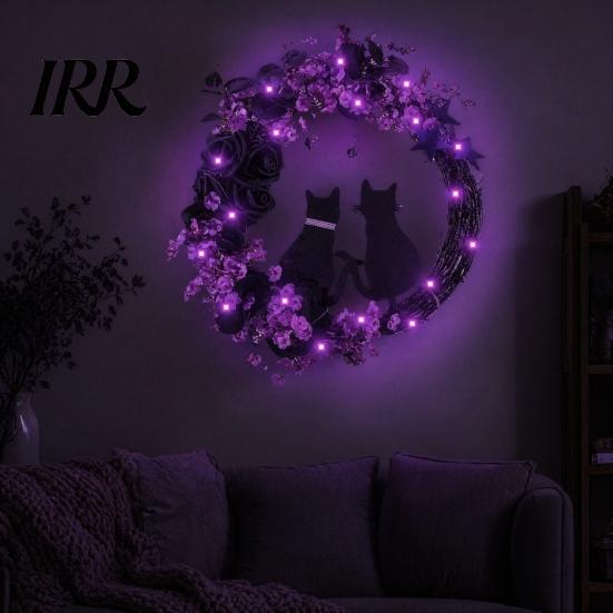 Black Cat Wreath with Lights Halloween Floral Garland, String Lights, Silhouette Garland Wreath, for Front Door Indoor Outdoor Wall Decor