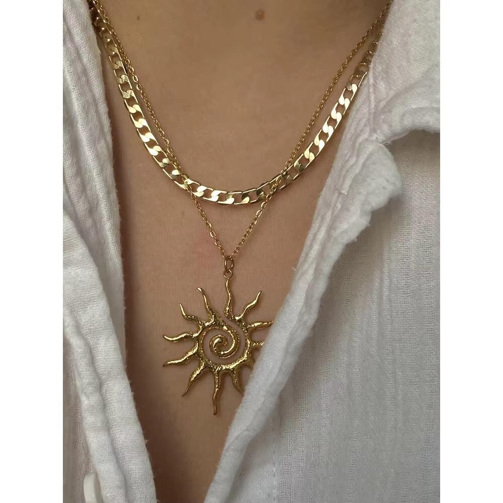 Stainless Steel Sun Pendant Necklace Gold Color Sweater Chain Stainless Steel Necklace  Daily Wear