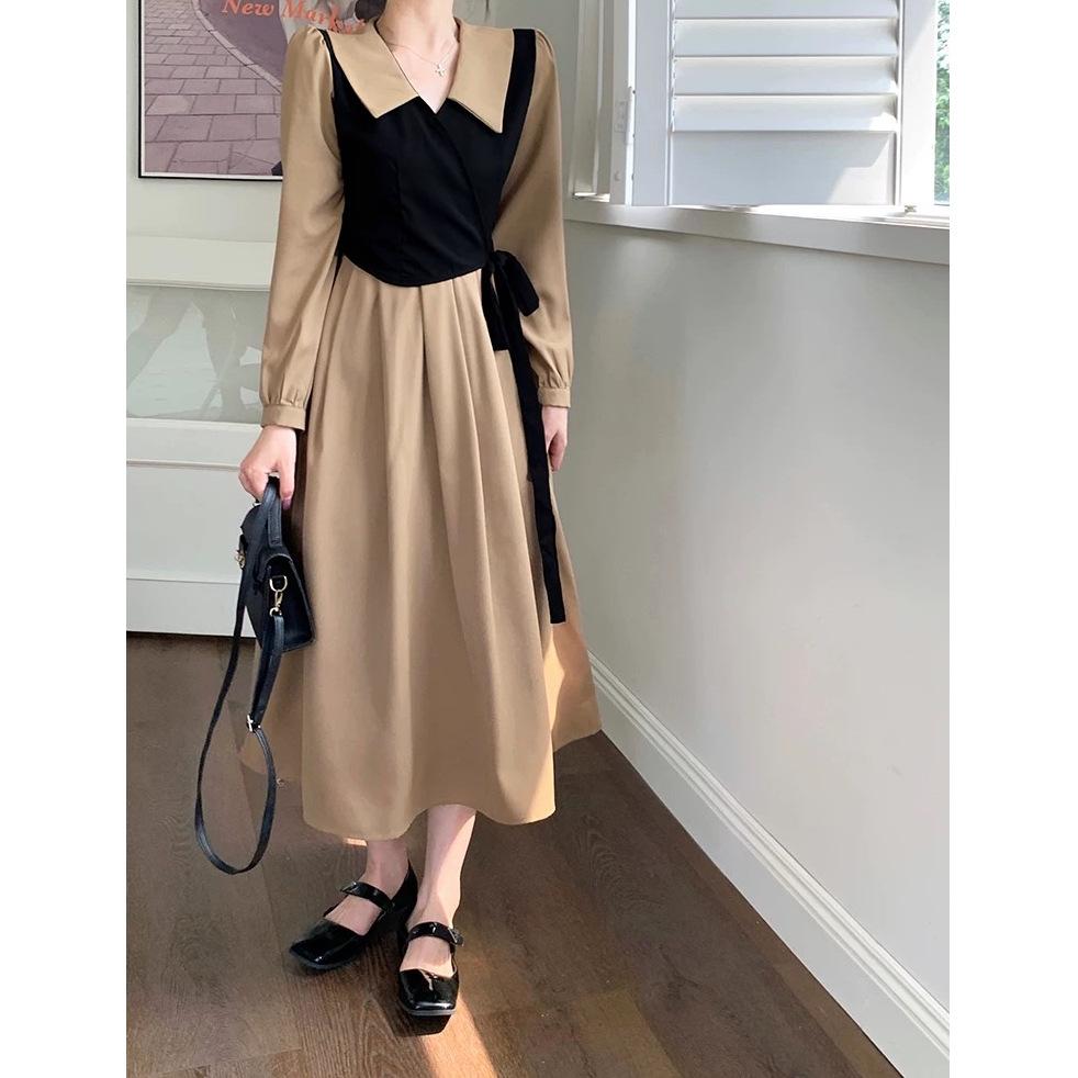 Women's spring clothes slightly fat sister MM waist and thin V-neck long sleeves fake two pieces to cover the belly temperament dress long dress
