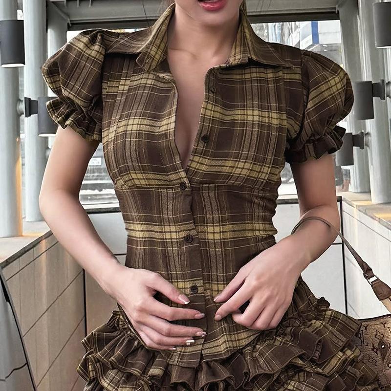 European and American college style retro plaid contrasting bubble sleeves slim slim lapel breasted short-sleeved shirt T-shirt