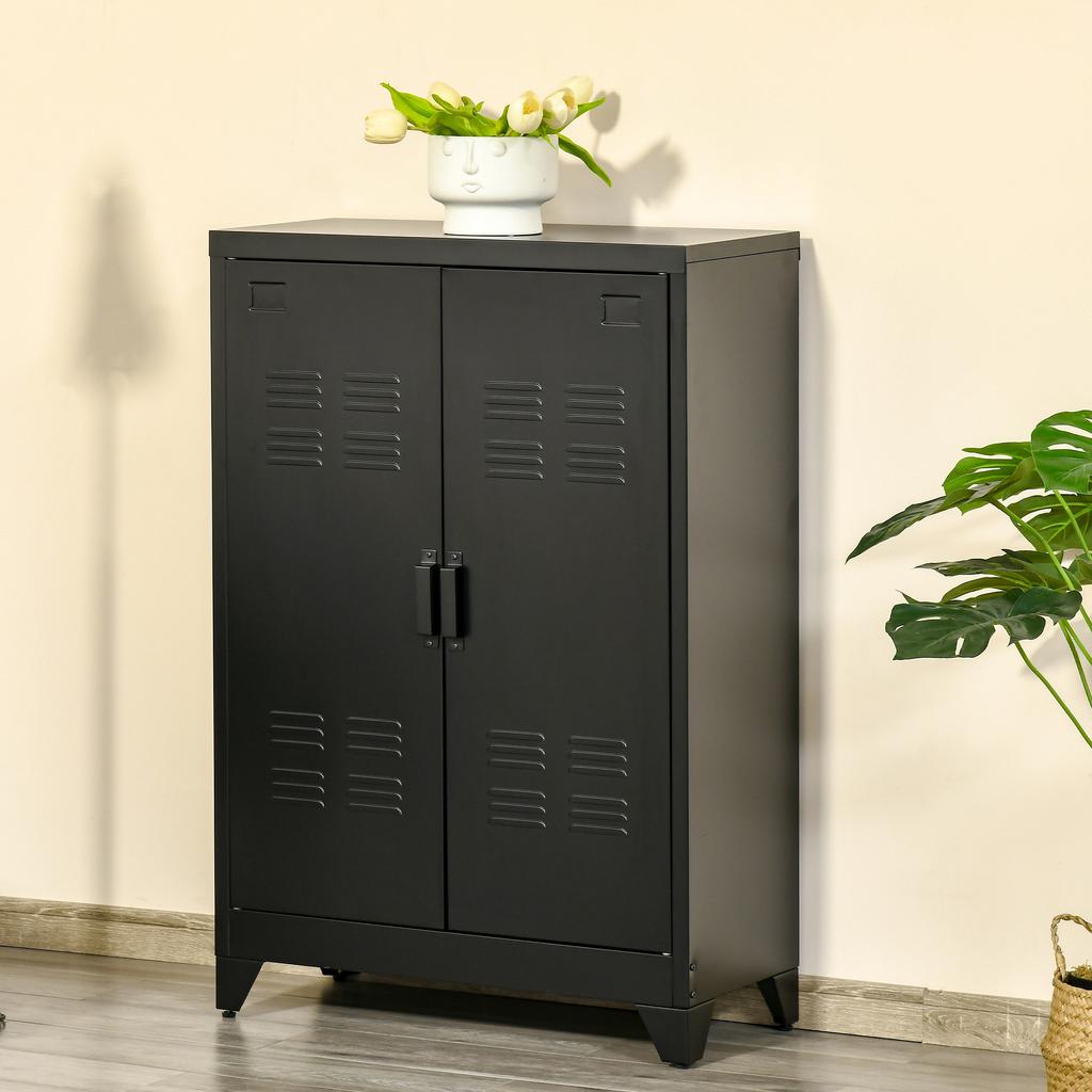 Filing Cabinet Metal Cabinet with Magnetic Louvre Double Door Adjustable Shelf Storage Cabinet for Study Living Room 75 x 33 x 110 cm Black