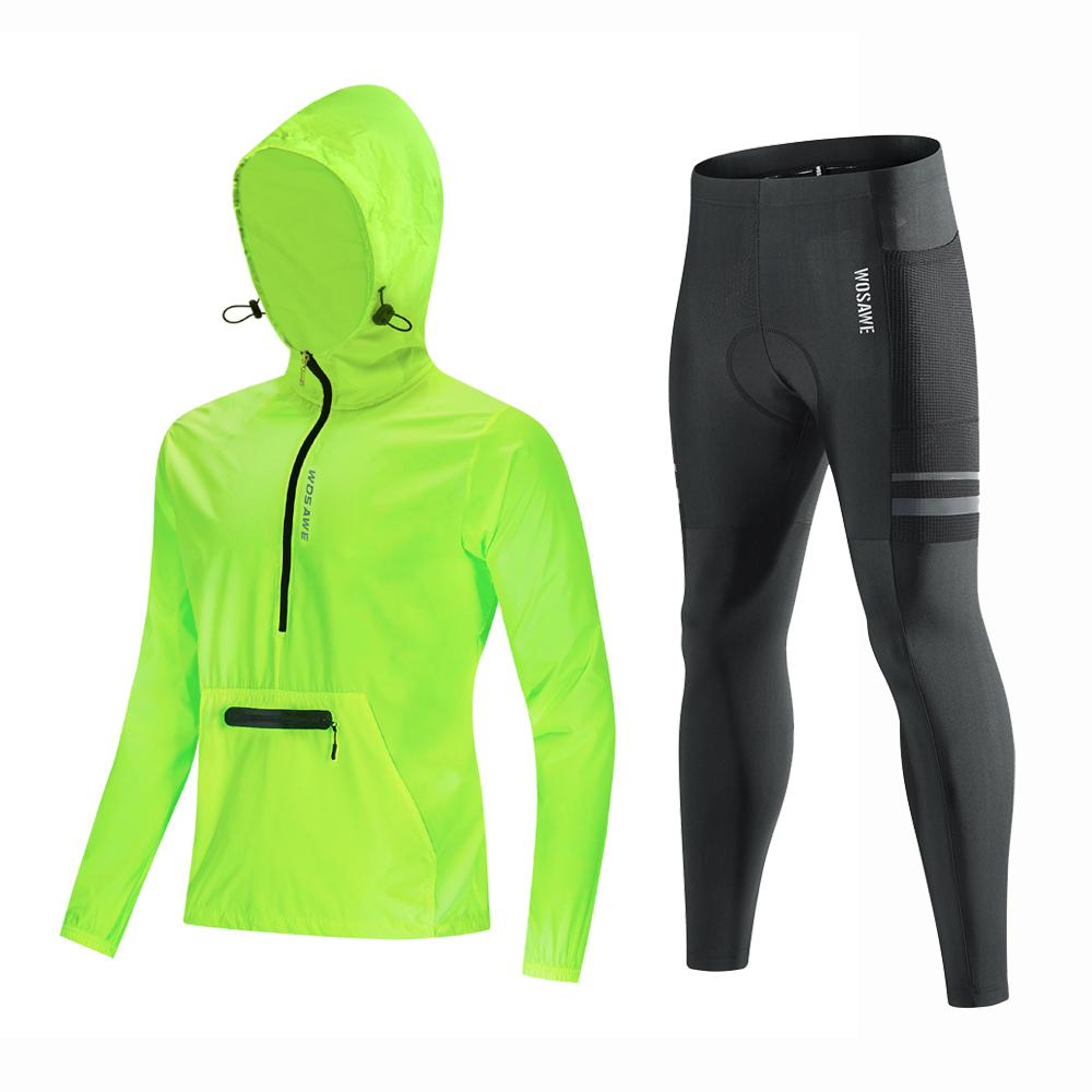 

WOSAWE велосипедные комплекты с капюшоном, ветрозащитная легкая велосипедная ветровка, велосипедные длинные штаны, 5D гелевые подушечки M зелёный