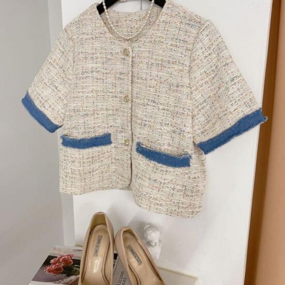 Honey J Women Dizdel Color Block Denim Tweed Short Sleeve Jacket 2Color