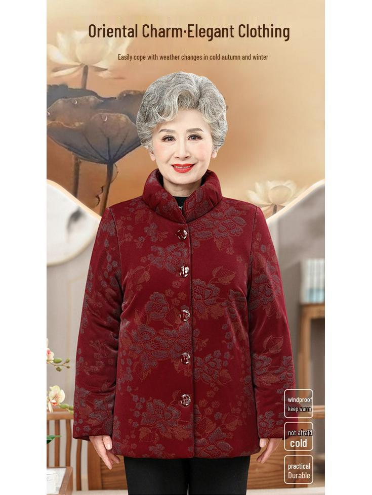 Elderly Women's Winter Fleece-Lined Cotton Jacket for 70-80 Year Olds