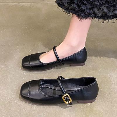 Retro Soft Leather Mary Jane Wear-resistant Women's Shoes 2025 New Temperament Gentle Wind French One-word Buckle Flat Bottom Shallow Bean
