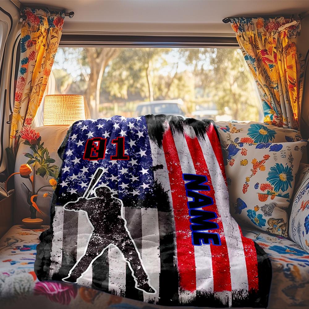 Baseball Player American Flag Customize Your Name Rv Blanket Comfortable Soft Lightweight Perfect For Travel Camping Picnics Sofas Rvs Bedding Living