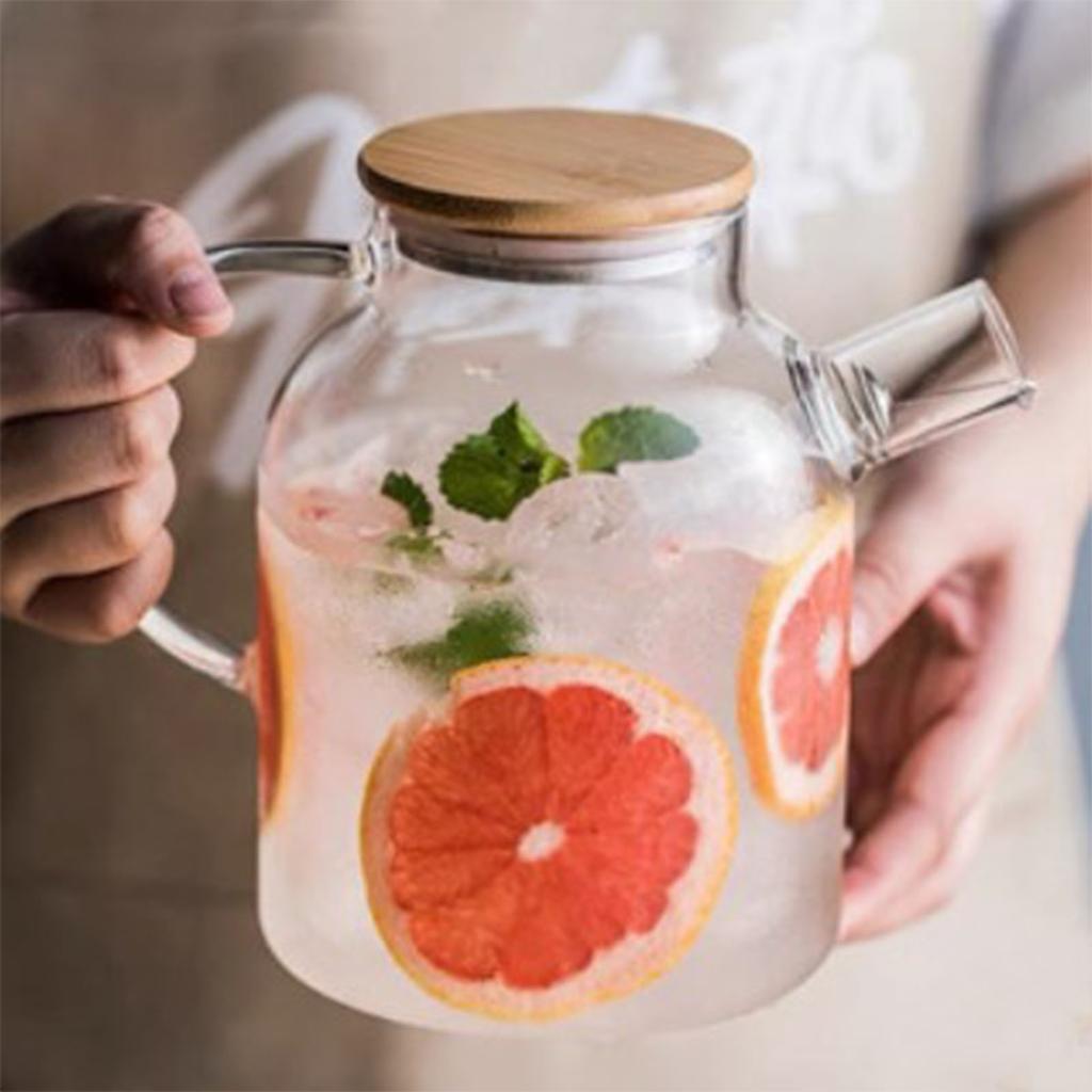 Water Pitcher 1800ml Glass Fridge Jug with Filter Whisk Wood Lid Heat Resistant Beverage Serveware for Drinks Tea Coffee