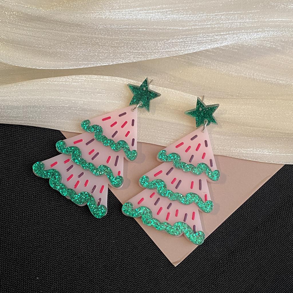Festive Colorful Christmas Tree Earrings Glitter Acrylic Creative Dopamine Design Women Elegant Earrings