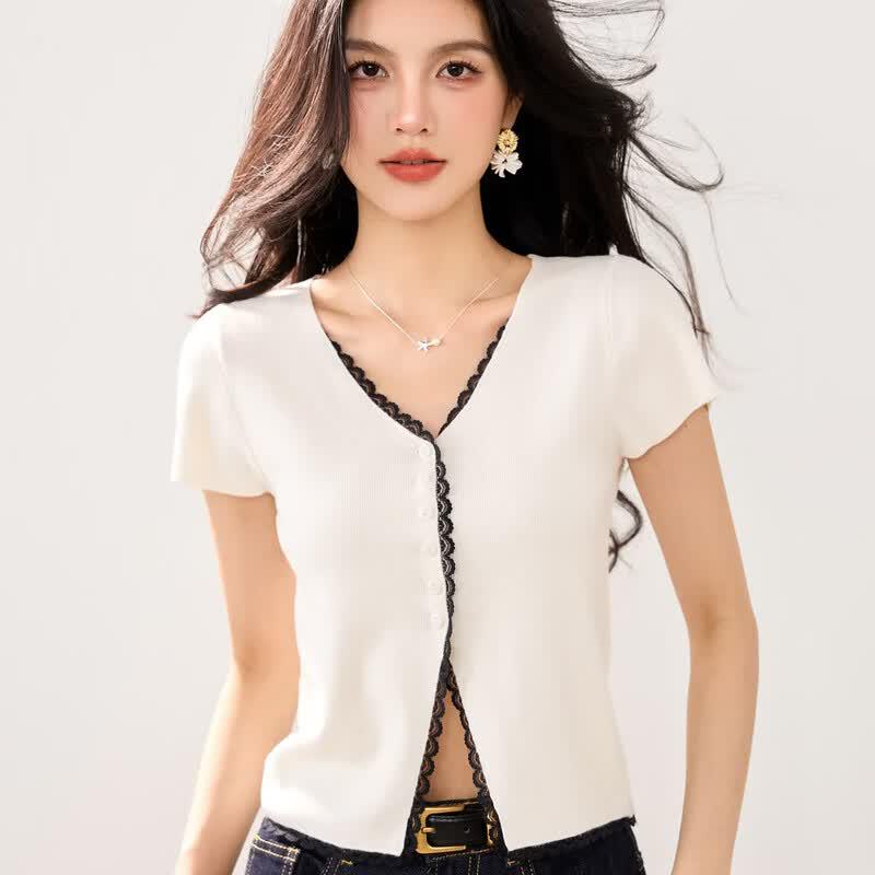 French Retro V-Neck Knit Cardigan with Lace Trim S