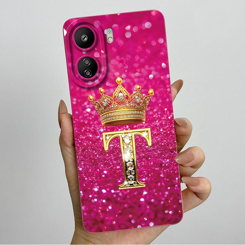 For Xiaomi Redmi 13C 4G Phone Case 13C Crown Initial Letter Silicone Soft Back Cover For Redmi 13C 13 C 4G Poco C65 Coque Capa