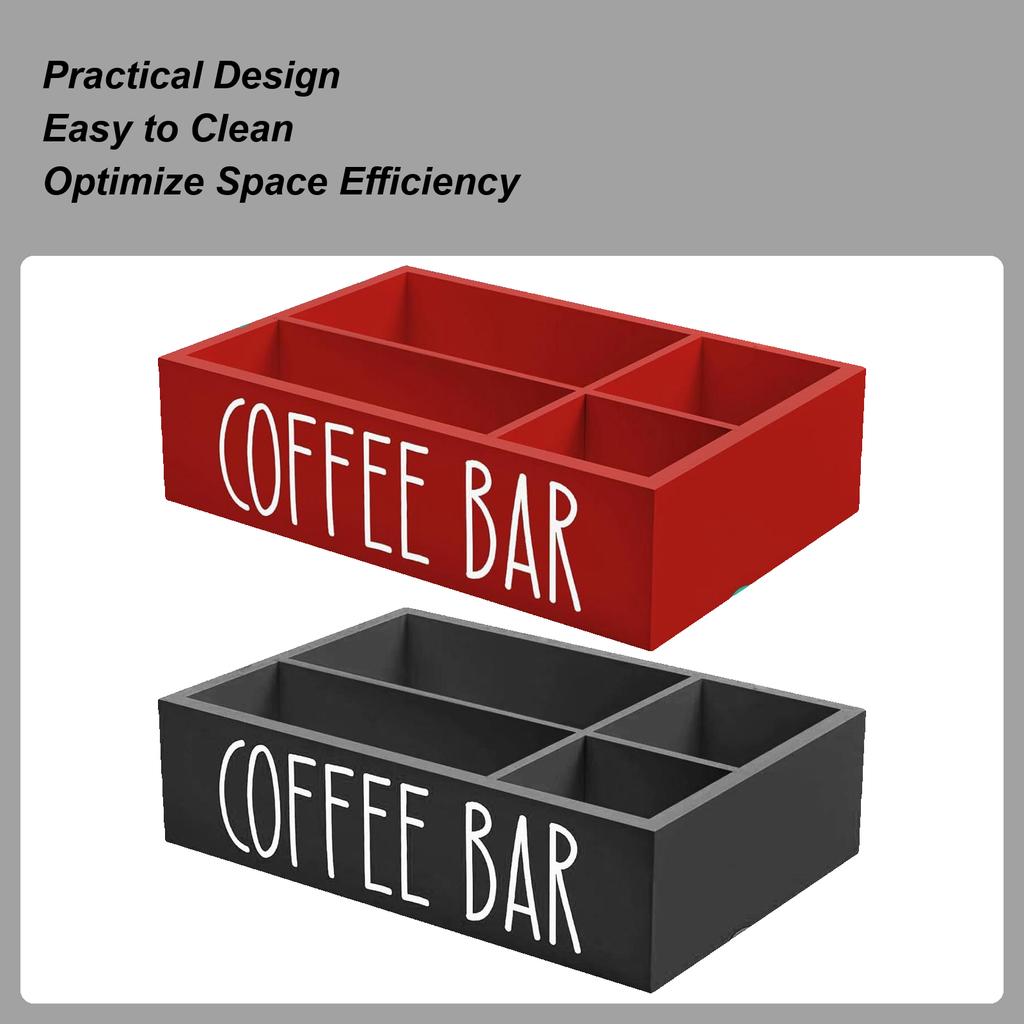 Wooden Coffee Bar Organizer 4-Grid Coffee Station Countertop Storage Box With Removable Dividers Kitchen Tea Cup Container