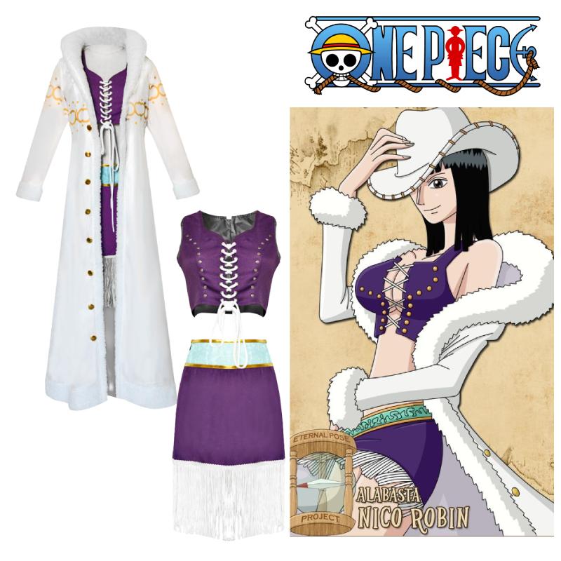 One Piece 3pcs Nico Robin Cosplay Costume Plush Coat With Tops Skirt Set Outfit