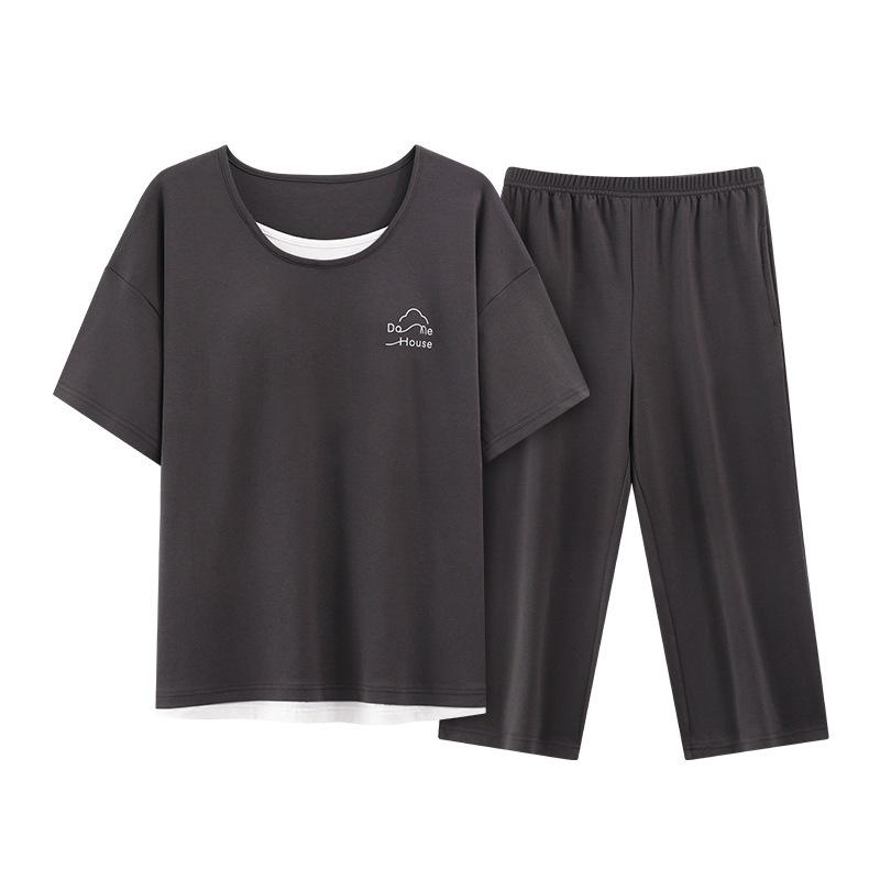 Damen Sommer 2025 Cartoon Capri Pyjama - Kurzärmelig, Reine Baumwolle, Rundhalsausschnitt, Dünn, Draußen oder Drinnen zu tragen