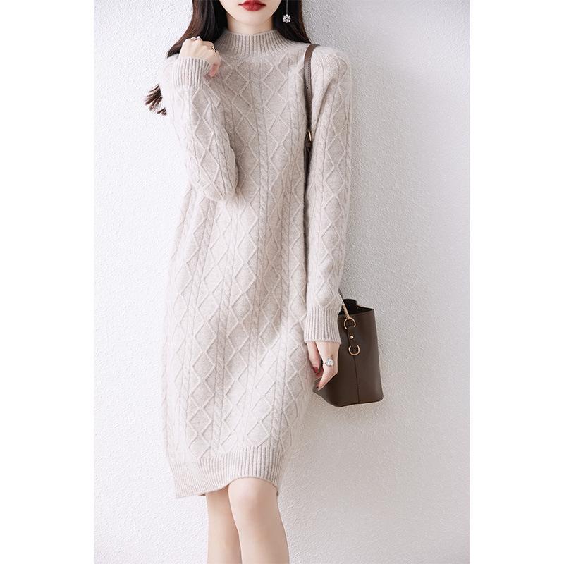 Women's Mid-Length Thickened Pure Wool Knitted Dress with Half-High Collar and Long Sleeves