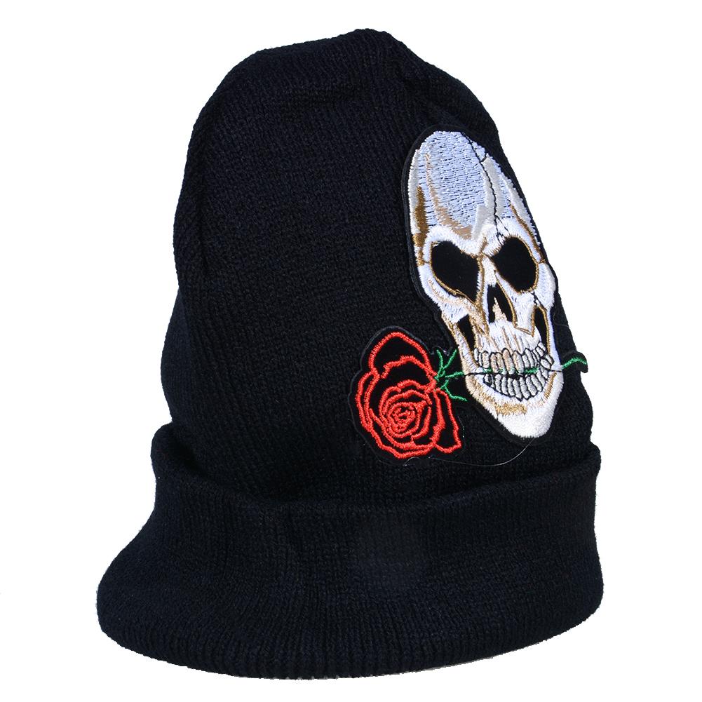 Unisex Embroidered Skull Rose Wool Cap Fashion Knitted Outdoor Warm Hat for Winter Autumn