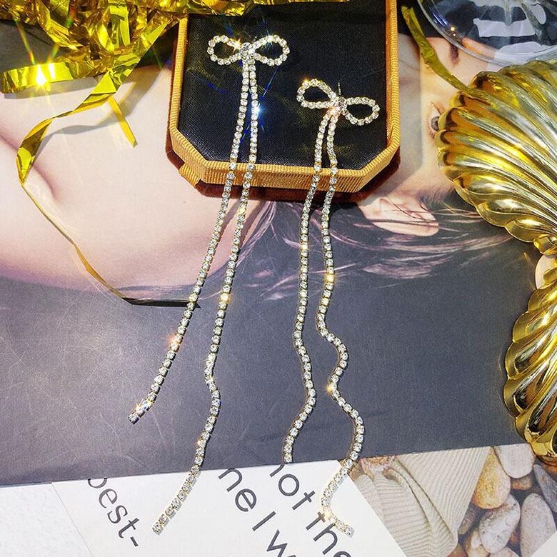 925 Silver Bowknot Tassel Earrings with Diamonds