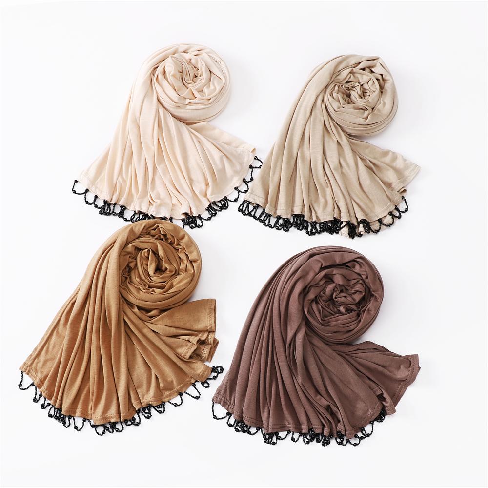 Handmade Beads Hijabs Mercerized Cotton Elasticity Jersey Hijab Muslim Women Basic Head Wrap Plain Solid Scarf Headscarf