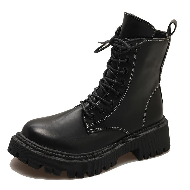 

Black platform boots women s 2024 new lace-up zipper Chelsea motorcycle ankle boots spring and autumn single boots 35 чёрный