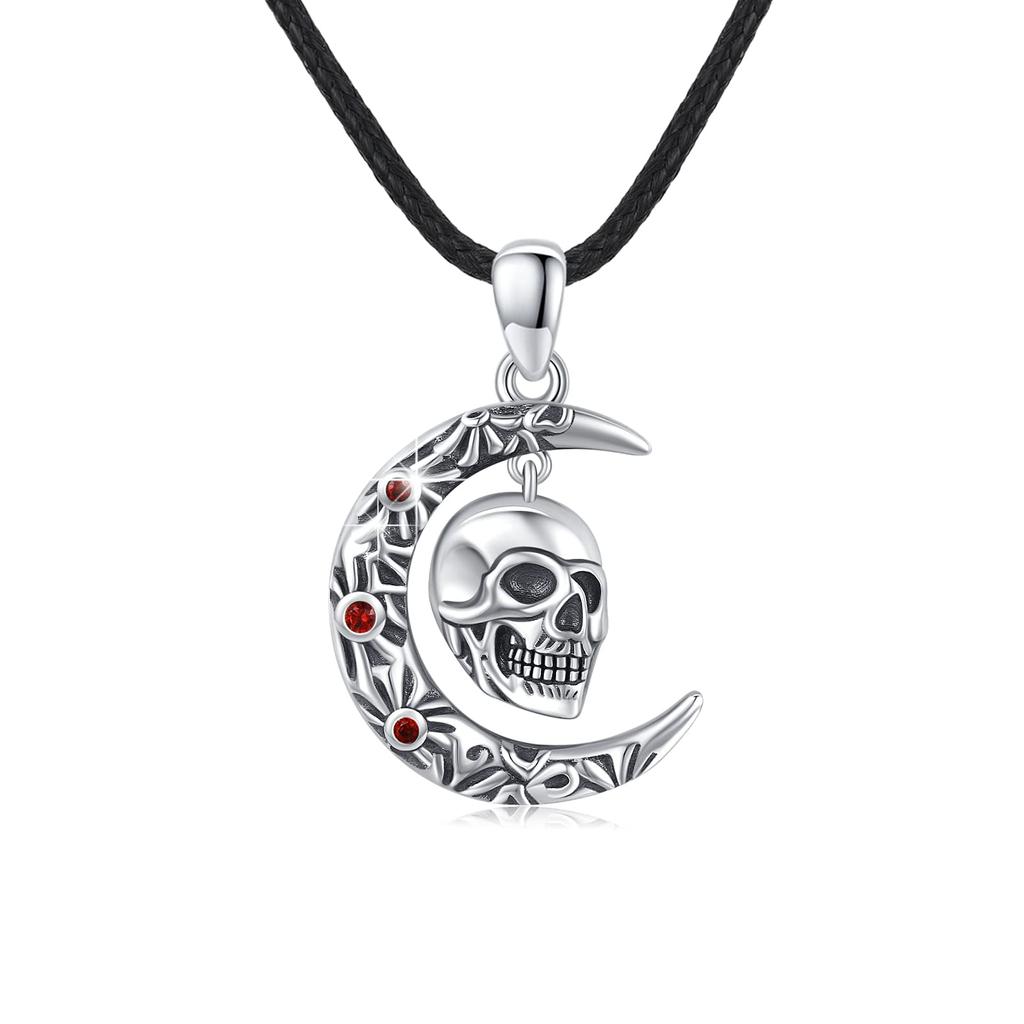 CUOKA MIRACLE Skull Necklace, 925 Sterling Silver, Moon, Crescent Moon Skull Jewelry Pendant Necklace, Gothic Skull Horror Jewelry, Gift for Women,