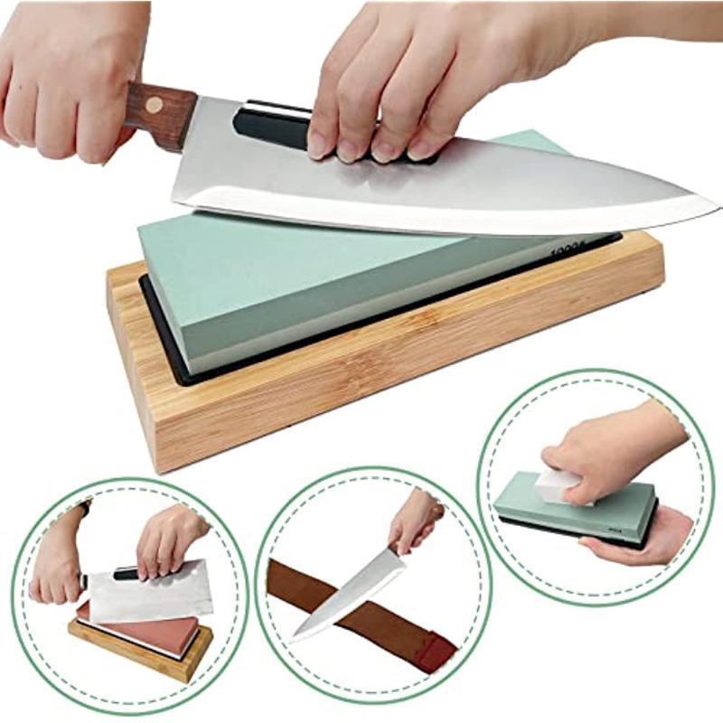 1Set Kitchen Knife Sharpening Stones Set Knife Sharpening Kit 400/1000 3000/8000 Grit Wet Stone Flattening Stone Angle Guide Leather Strop