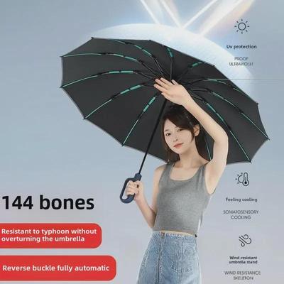 Umbrelă premium cu 144 de nervuri, cu deschidere/închidere automată și cataramă inversă, design mare rezistent la vânt pentru bărbați și femei, potrivită pentru soare și ploaie