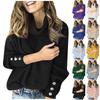 Women's Turtleneck Top Loose Pullover Button Up Long Sleeve Solid Color Knit Bottoming Shirt