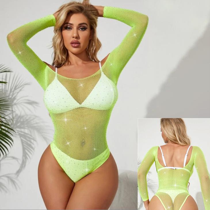 Sexy Fishnet Bodysuit Costume Lingerie For Woman Open Crotch Bodystocking Diamonds Erotic Long Sleeve Underwear Porn Catsuit