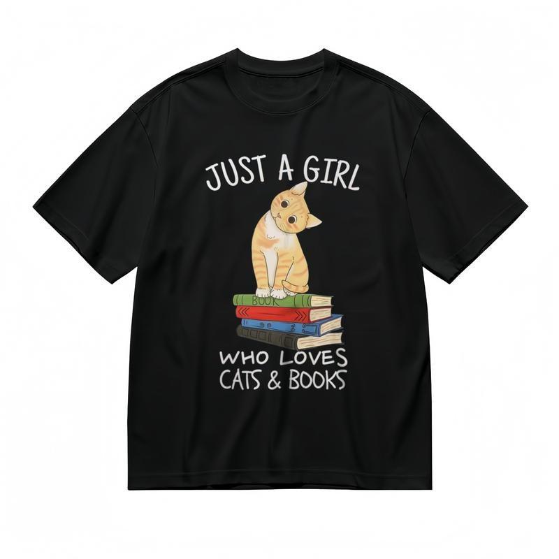 Women's All Season Comfy Slight Stretch Classic T-Shirt Cat and Book Graphic Tee