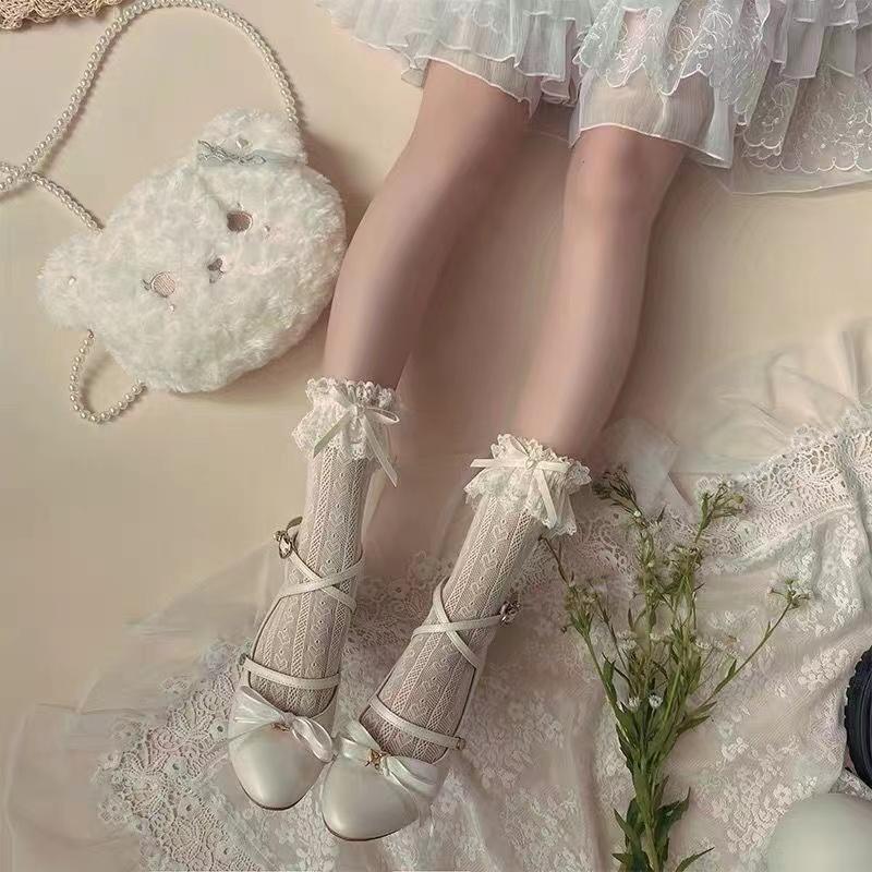 Women's Summer Spring Cotton Socks Thin White Lolita Lace Stocking Black Jk Bow Sweet Mid-leg Calf Socks Sweet Style Girls Gift