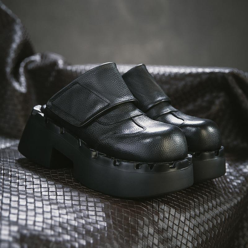 Johnature Retro Genuine Leather Outdoor Slippers Thick Heel Comfortable Slip-on Women's Platform Shoes