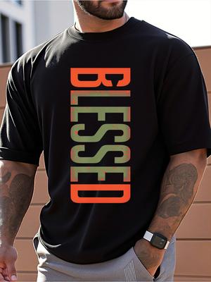 T-shirt pour Homme 100% Coton Été Impression BLESSED Coupe Ajustée Décontractée Col Rond Manches Courtes T-shirt Haut