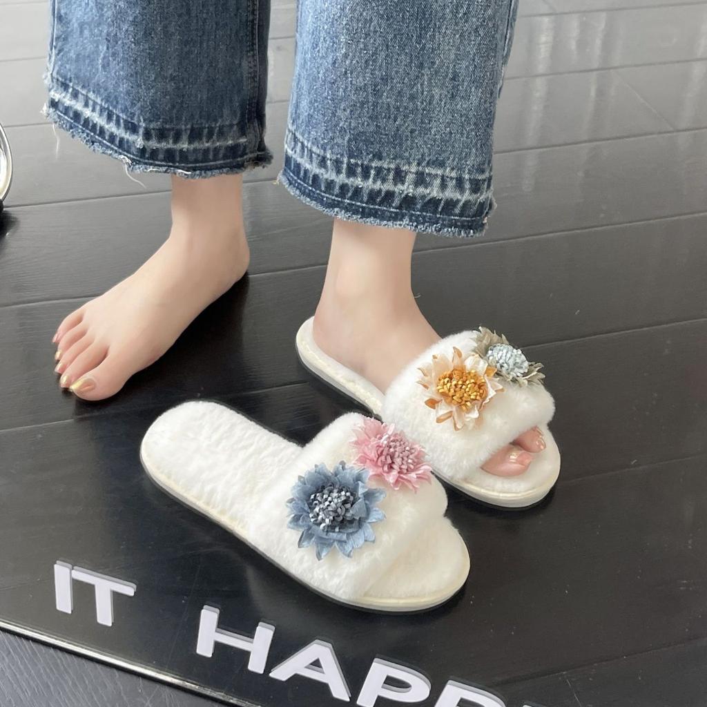 Mao Mao slippers women's home indoor small fragrance flower flat bottom non-slip plush one-word cotton slippers 2025