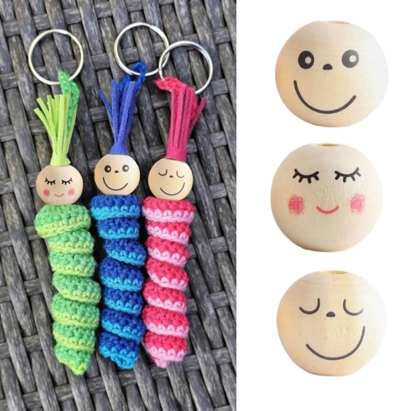 20Pcs Smiles Wood Beads Natural Wooden Beads for Crafting, Hole Round Wooden Smiles Face Beads Set for DIY Decorations