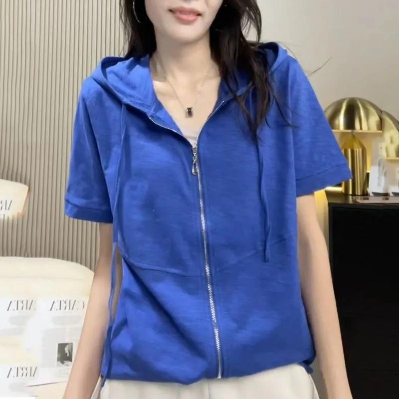 Women Spring Short Sleeve Zip Up Hoodie  Casual Loose Fit Top M