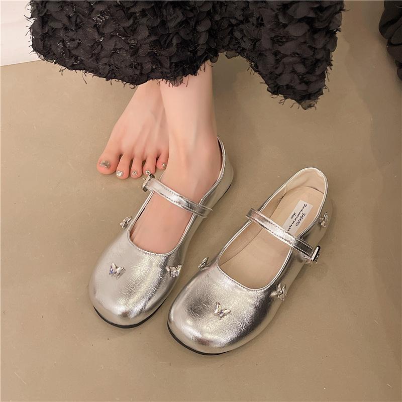 Fashion Butterfly Silver High-end French Flat-bottomed Light-mouth Single Shoes Women's Summer 2025 New Skirt Mary Jane Shoes