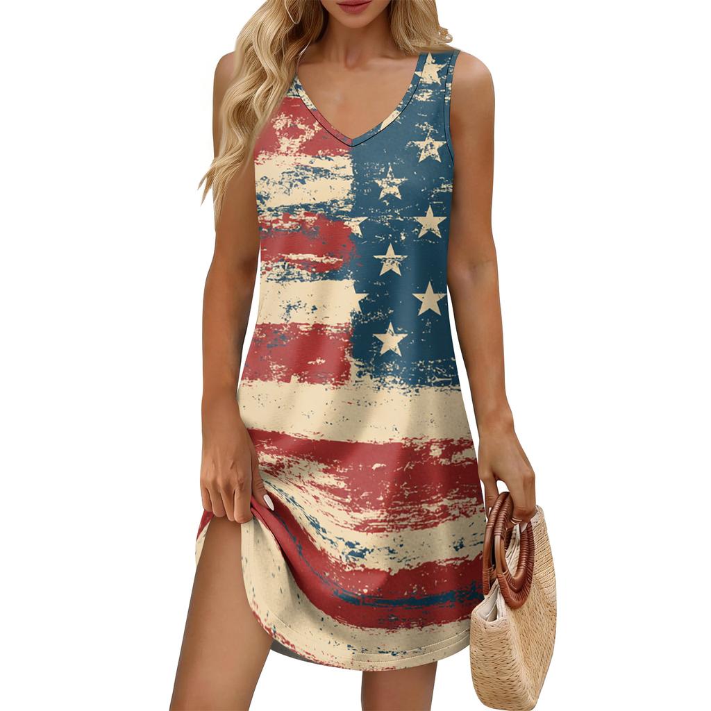 Women's Summer Casual Sun Skirt With Pocket V-Neck Independence Day Printed Loose Vest Dress
