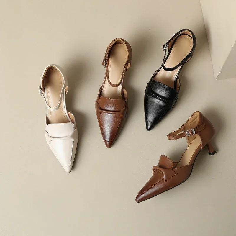 Fashion 2024 Women Spring Leather Hollow Elastic Belt Buckle Mid Heel Sandals Versatile Fine Heeled High Heels Mary Jane Shoes Slides