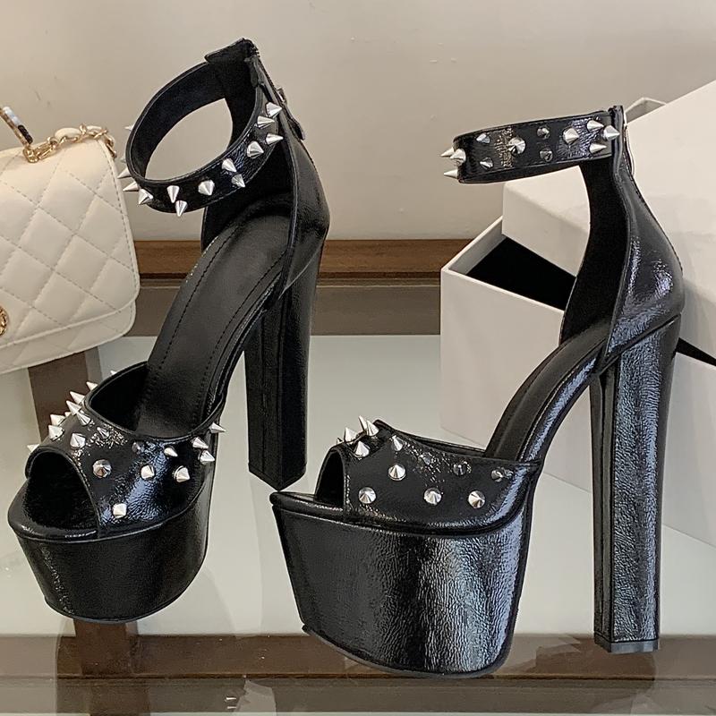 

Eilyken Summer Design Rivet Peep Toe Platform Zipper Women Sandals Fashion Square High Heels Nightclub Party Shoes 35 чорний