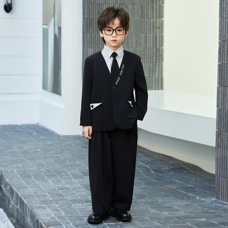 Boys Letter Embroidery V-Neck Blazer Suit Set School Kids Formal Outfit Striped Shirt Pants for Wedding Party Host Performance