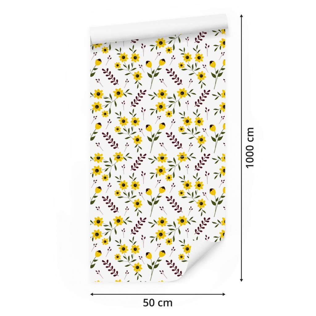 Yellow Flowers Wallpaper White, Light Gray and Cream 50x1000